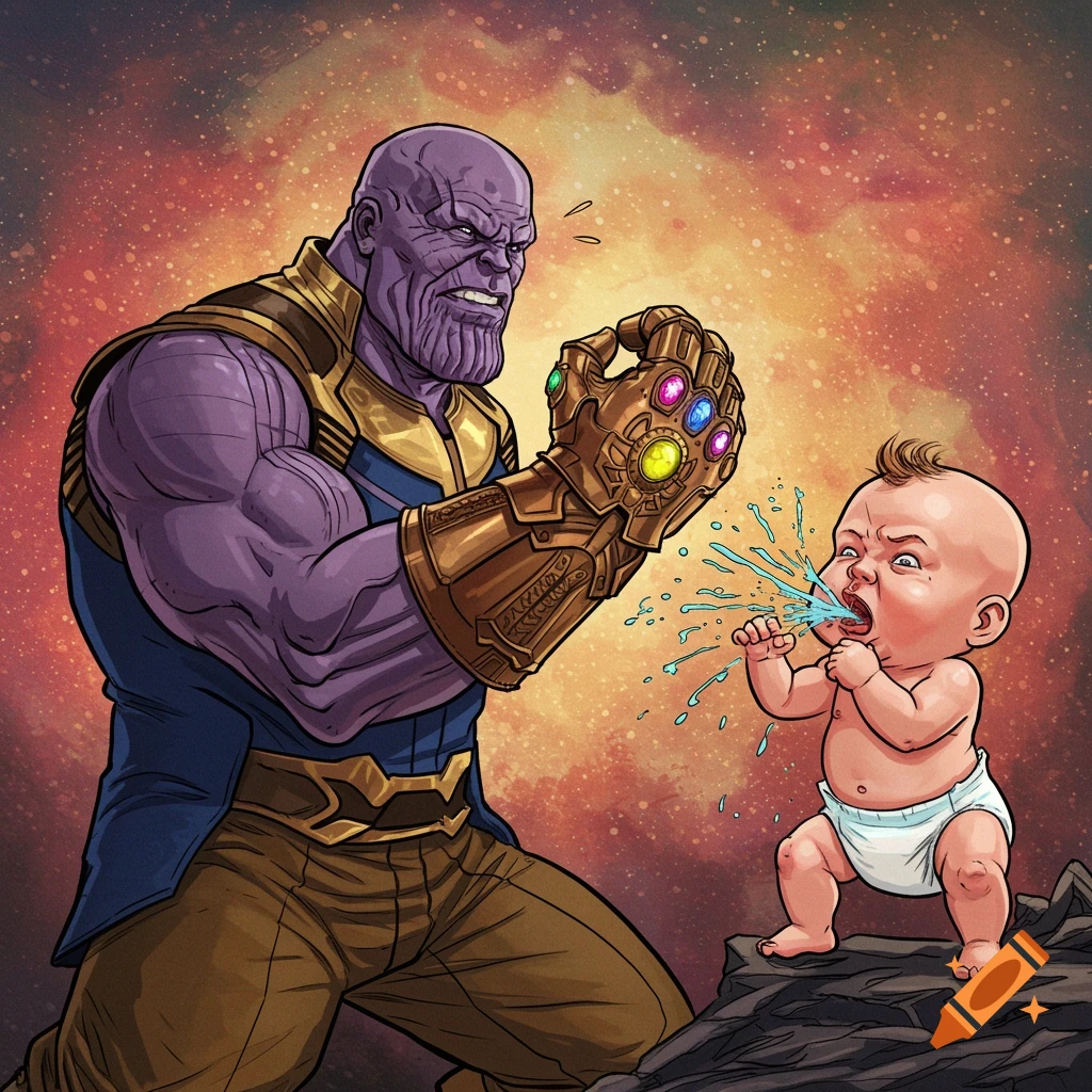 Thanos, wearing the Infinity Gauntlet, looks annoyed as a baby in a diaper spits water at him in a cartoon style.