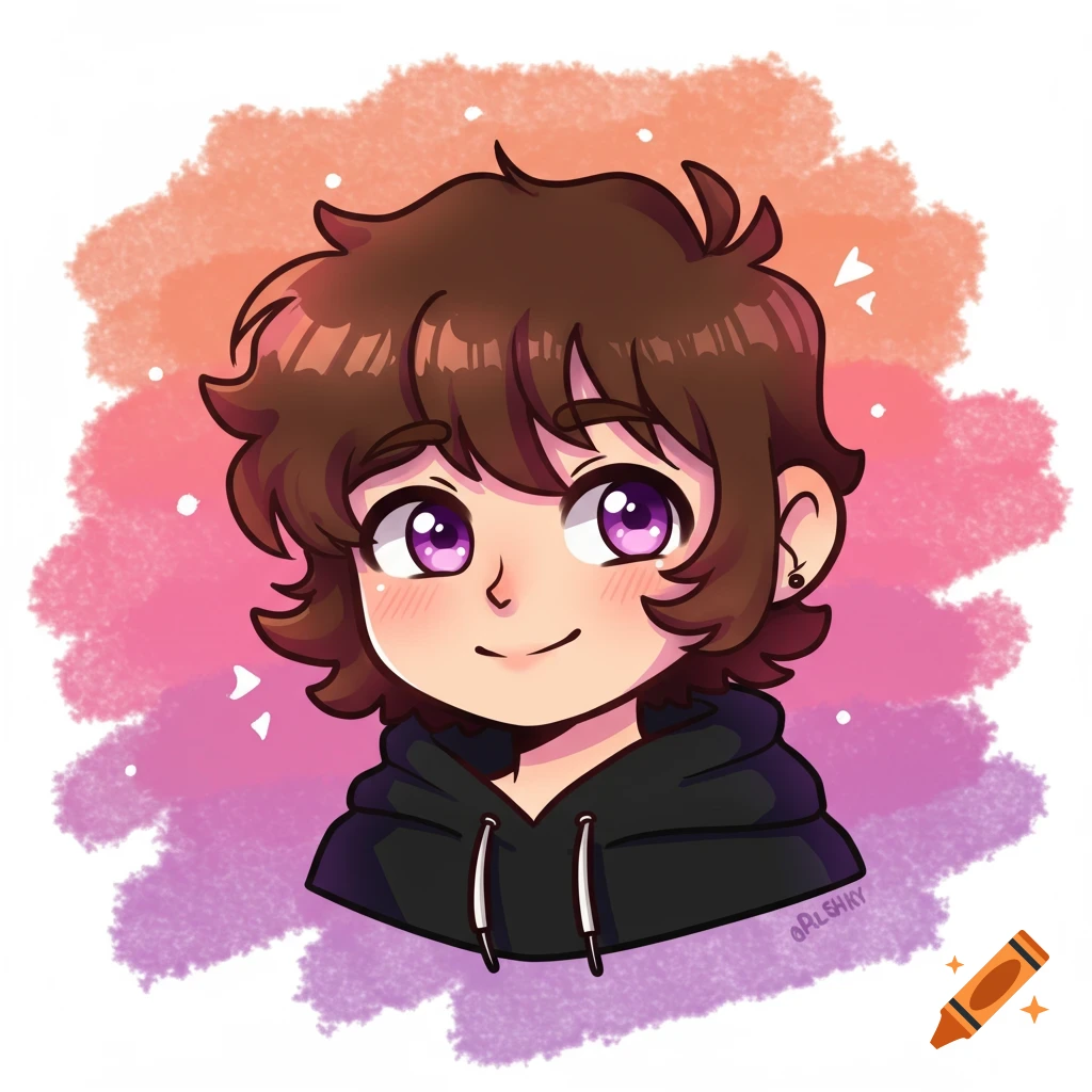 A cartoon character with short brown hair, purple eyes, and a black hoodie, against an orange, pink, and purple gradient background.