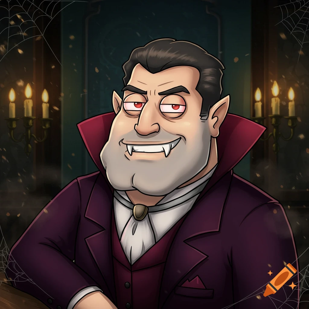 A cartoon character resembling Stan Smith from American Dad dressed as a vampire, smiling in a dimly lit room with candles and cobwebs.