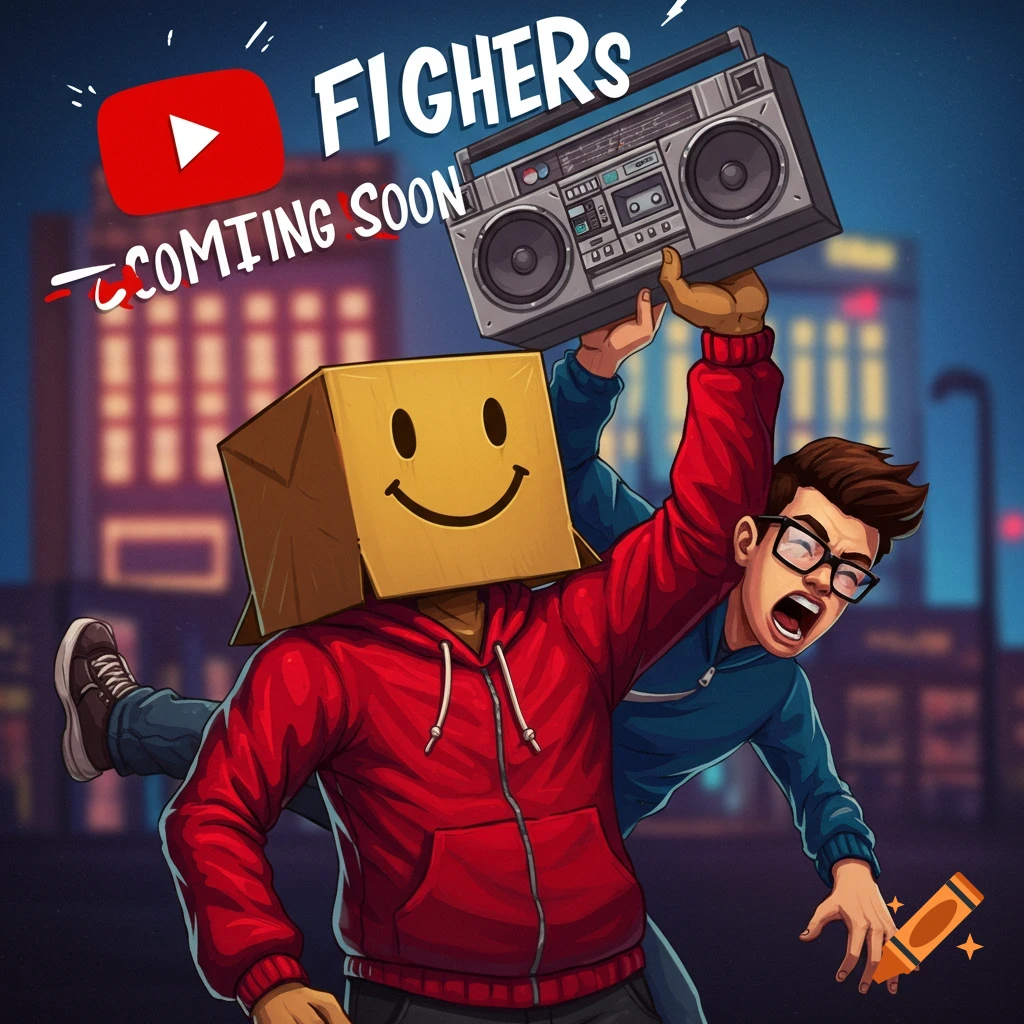 A cartoon man with a box for a head, wearing a red hoodie, holds a boombox over his head, about to hit another man with glasses. Above them is a YouTube logo and the text "FIGHERS COMING SOON" against a city background.