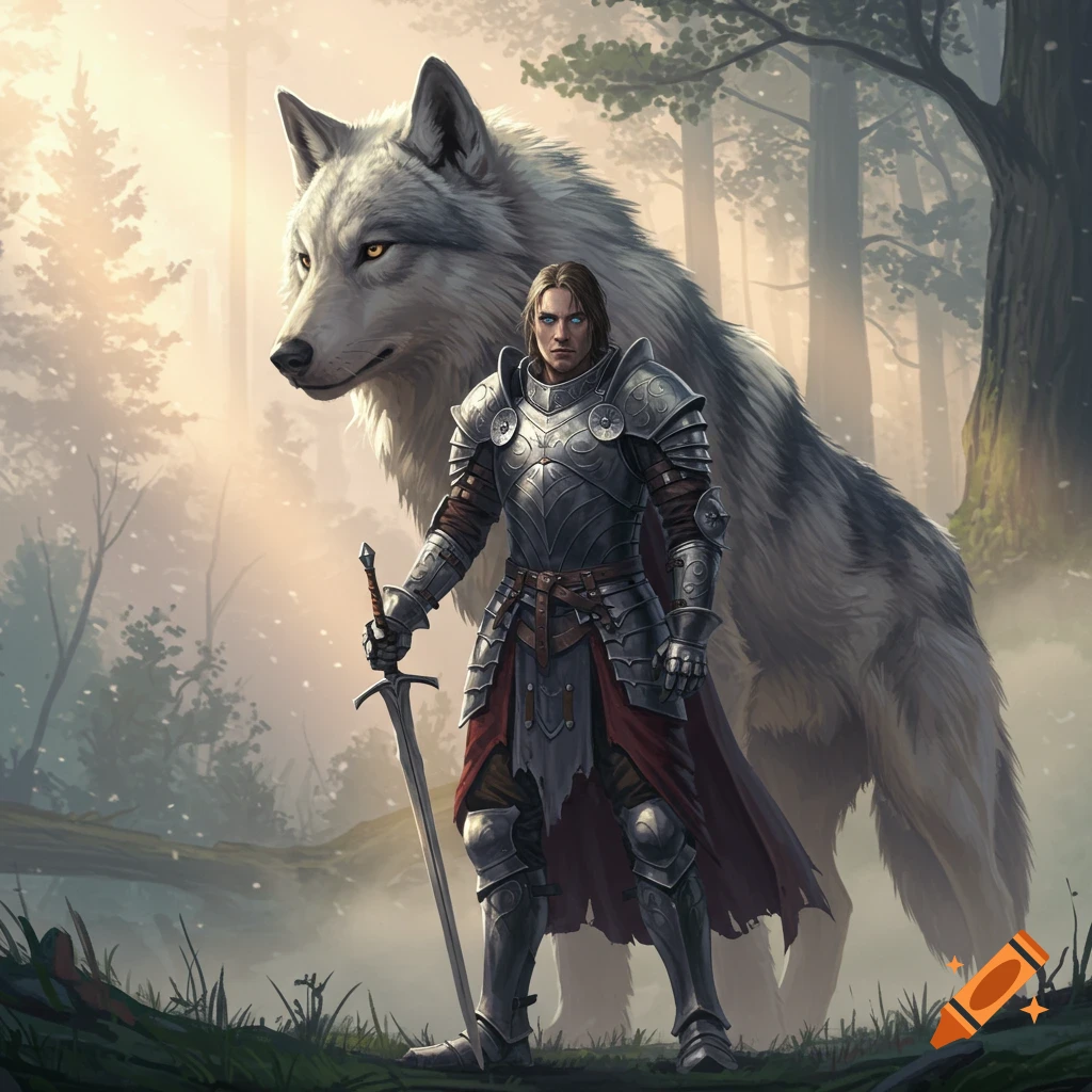 A warrior in detailed armor stands with a sword in a misty forest, a large grey wolf standing behind them.