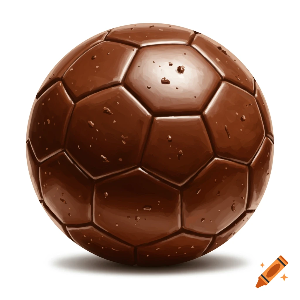 A close-up illustration of a soccer ball made entirely of rich brown chocolate, detailed with small sprinkles and a subtle shadow beneath it.