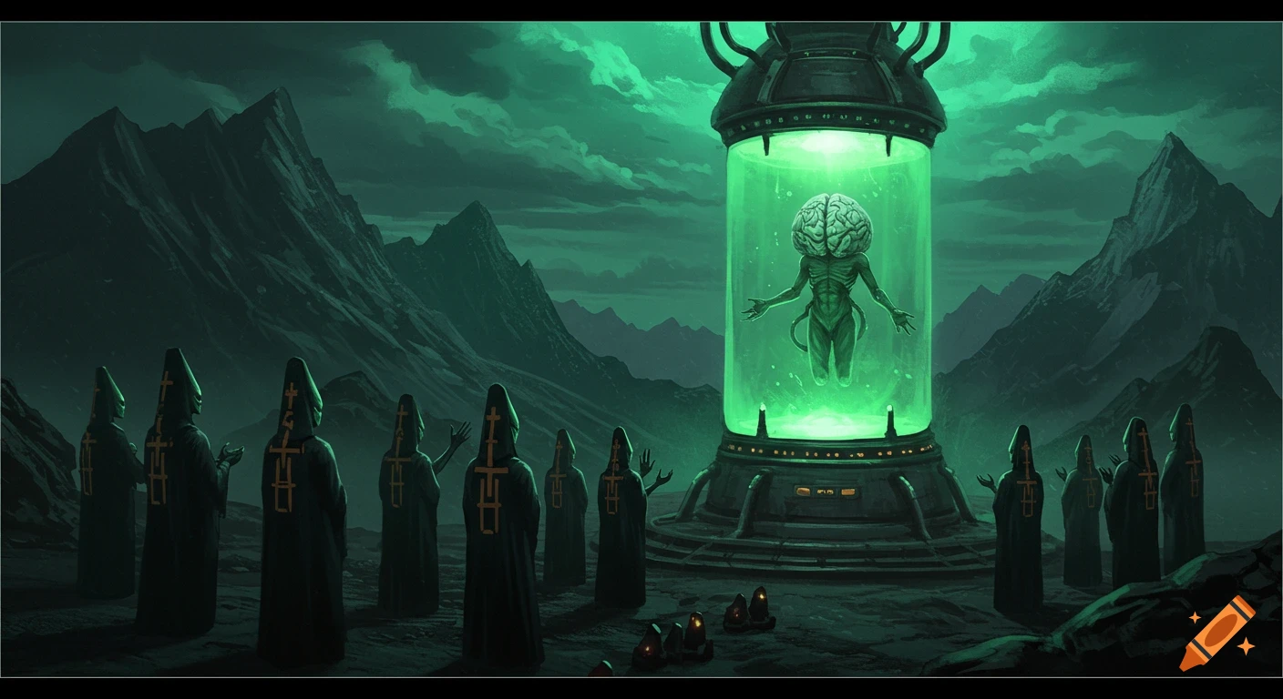 Cloaked figures perform a ritual around a glowing green tank holding an alien being with a large brain, in a dark, mountainous sci-fi landscape.