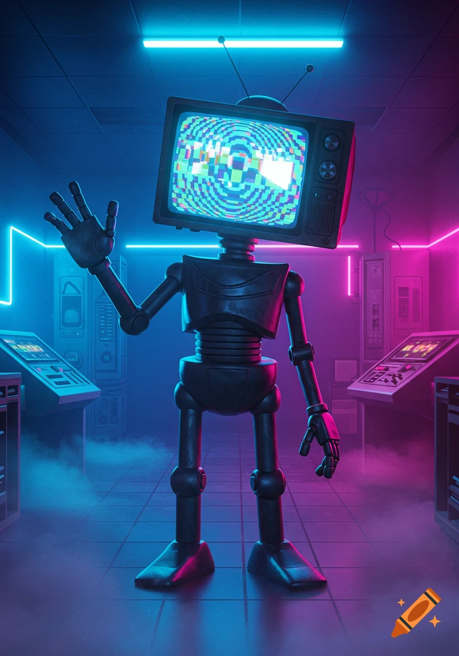 A dark, stylized image of a black robot with a retro television set for a head, displaying colorful static, standing in a room lit by neon blue and pink lights.
