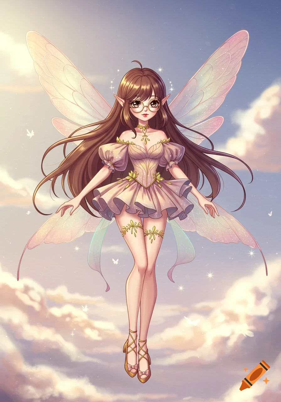 A brown-haired anime fairy with glasses, light pink dress, and large translucent wings floats gracefully among soft clouds and sparkling lights in a pastel sky.