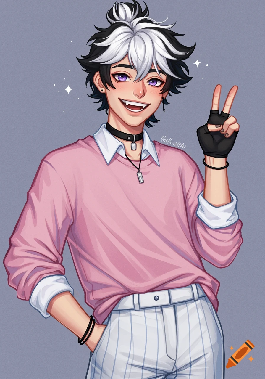 Anime-style drawing of a smiling young man with two-toned black and white hair, purple eyes, and fangs, making a peace sign. He wears a pink sweater, white collared shirt, and striped pants.