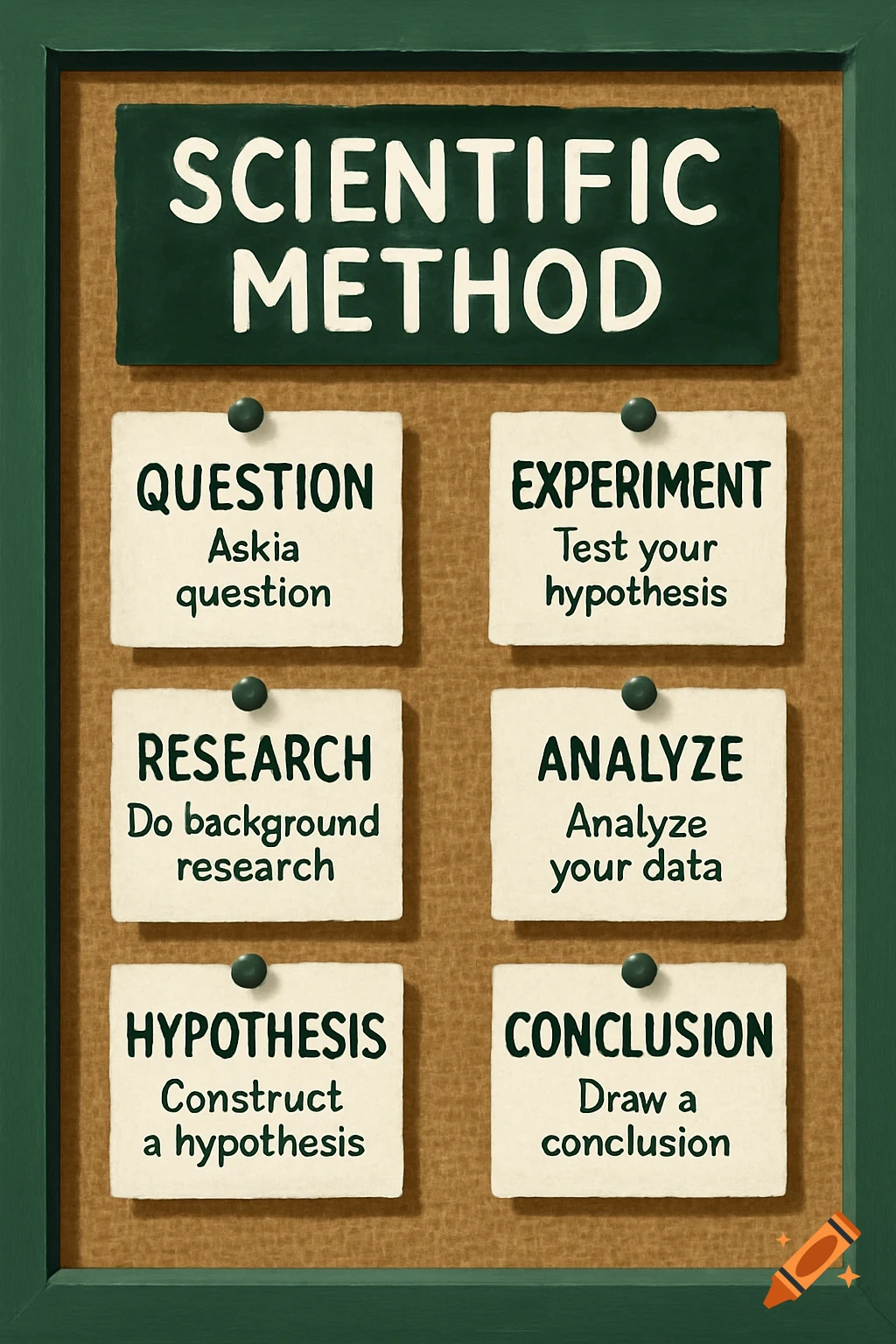 A green-framed bulletin board on burlap displays the Scientific Method. A dark green sign reads "SCIENTIFIC METHOD", with six pinned notes below detailing steps: QUESTION (Ask a question), EXPERIMENT, RESEARCH, ANALYZE, HYPOTHESIS, and CONCLUSION.