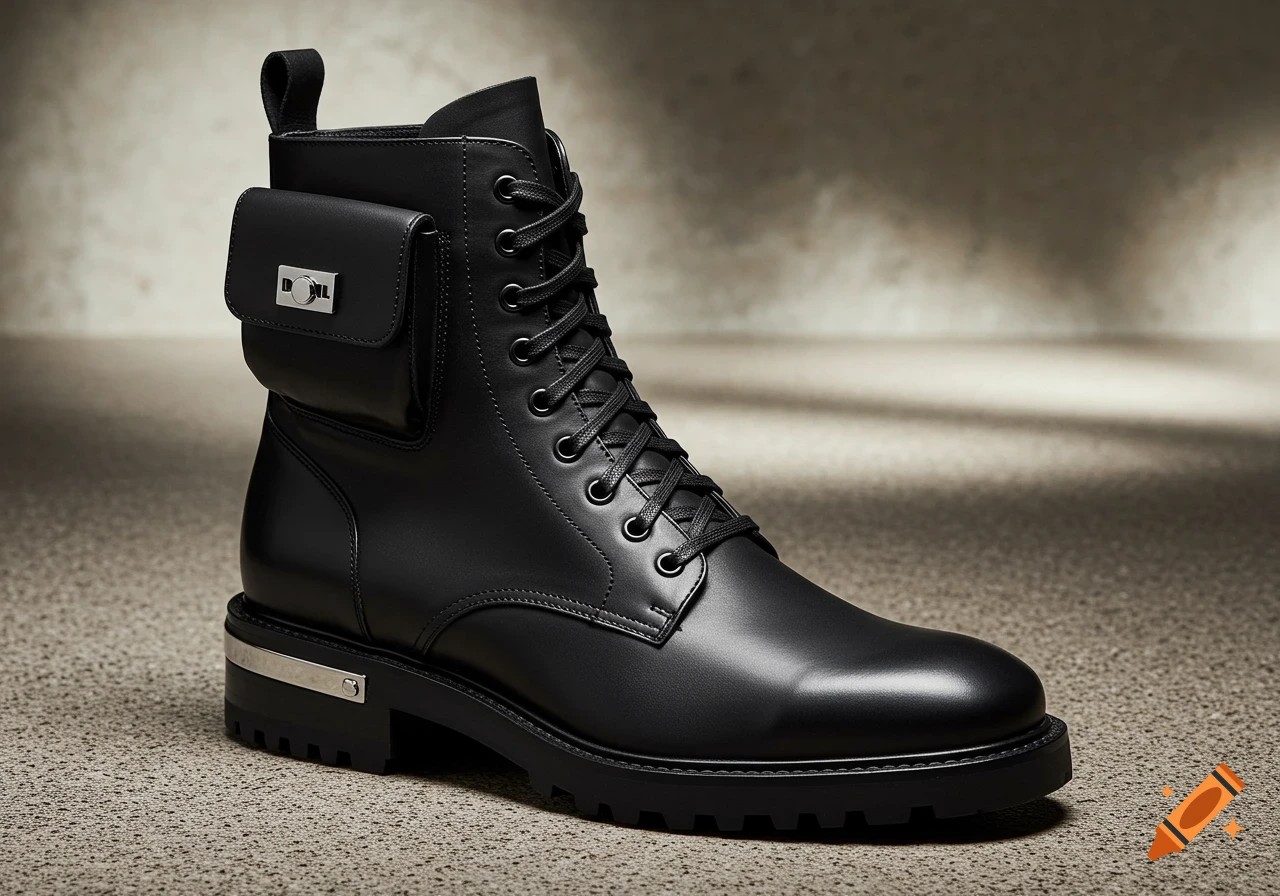 Black leather combat boot with a side pouch and silver accents, standing on a textured grey surface.
