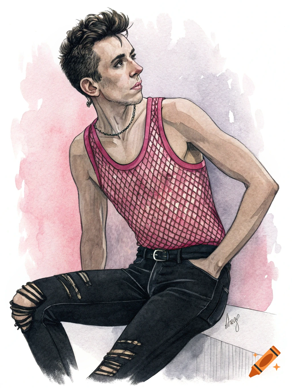 A watercolor and ink illustration of a man in a pink fishnet tank top and ripped black jeans.