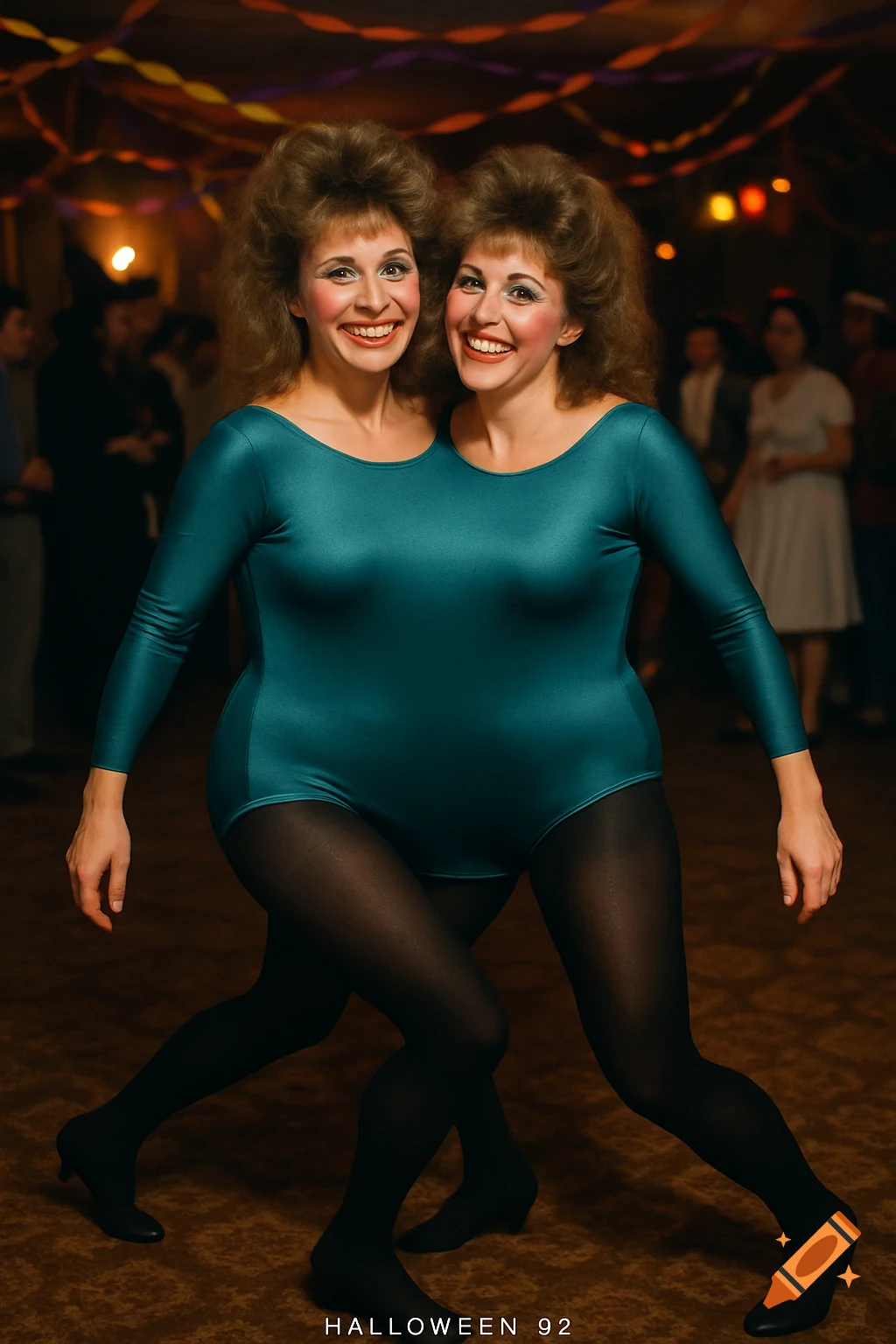 Two smiling women in a conjoined leotard and tights costume at a Halloween party, creating a two-headed person illusion.