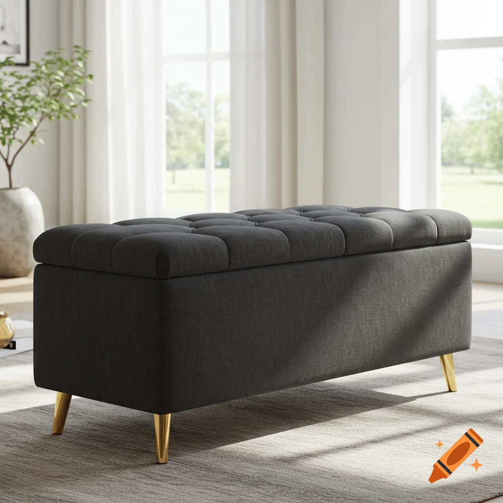 Dark gray tufted storage ottoman with golden legs on a rug in a sunlit room.