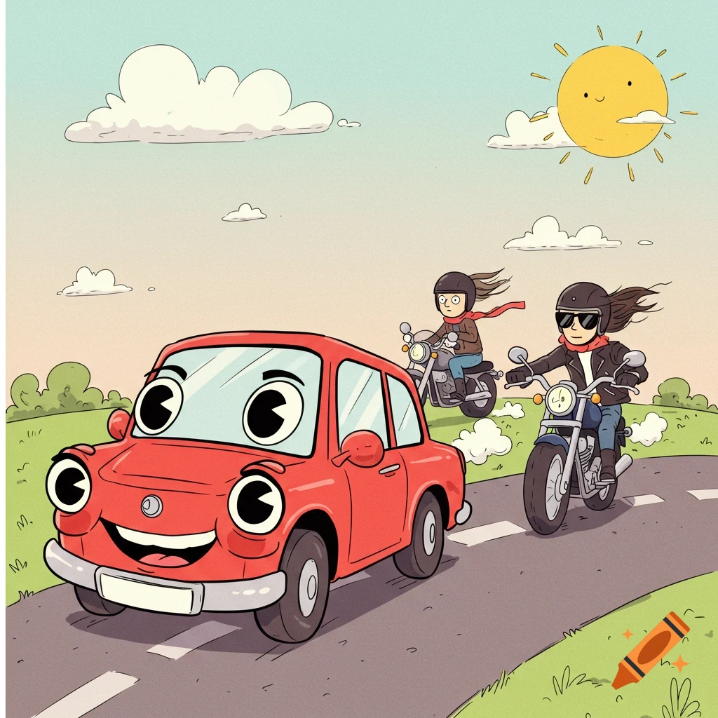 A cartoon red car with a friendly face driving on a road, with two motorcyclists following behind it under a smiling sun.