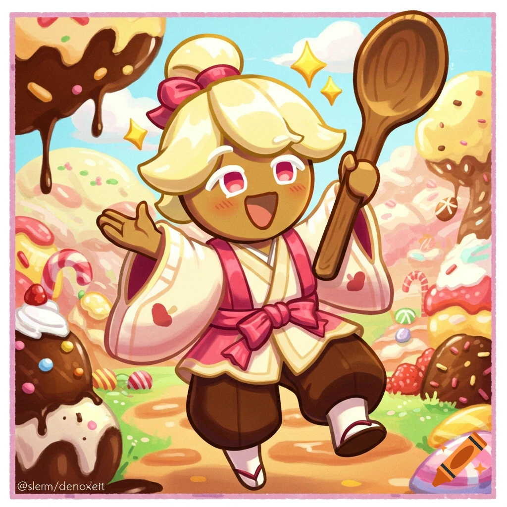 A cheerful Dango cookie character with blonde hair and a pink kimono holds a wooden spoon in a colorful candy land.
