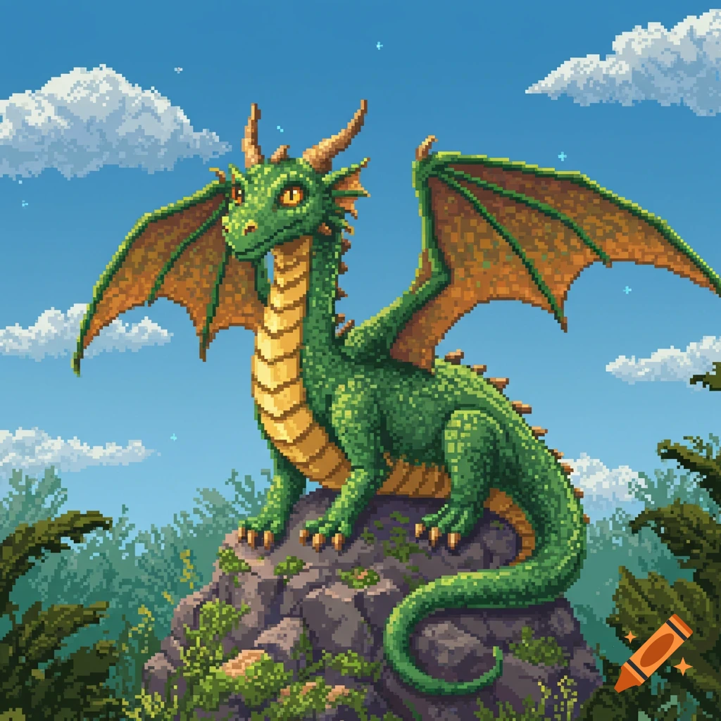A vibrant green pixelated dragon with orange wings perches on a rocky outcrop under a blue sky with pixel clouds.