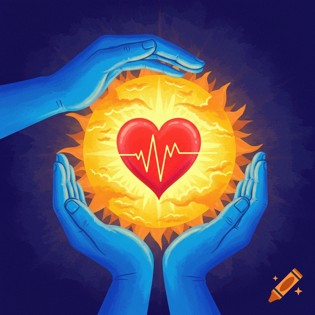 Two blue hands cradle a glowing yellow sun containing a red heart with a white heartbeat line.