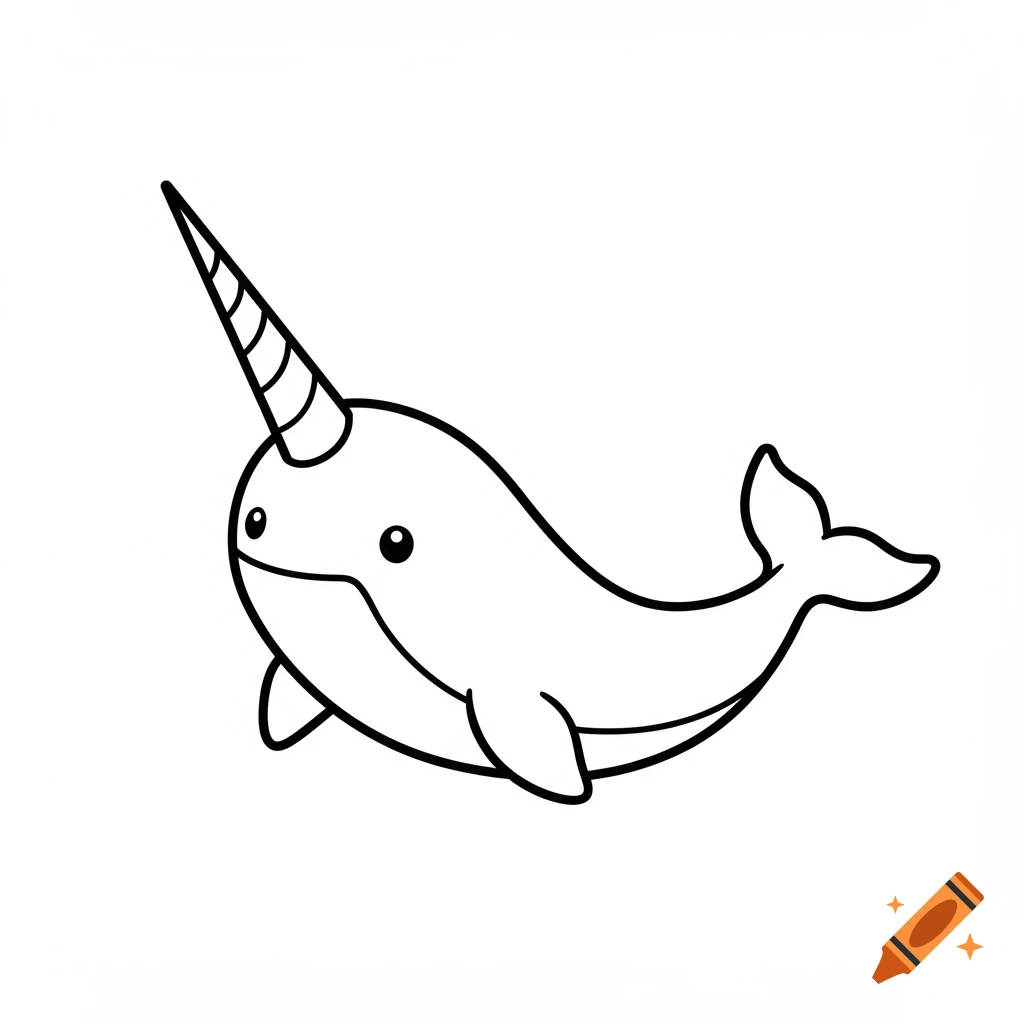 A black and white line art cartoon narwhal with a long spiral horn and a smile, resembling a coloring page.