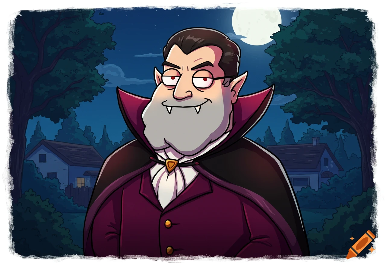 Cartoon of Stan Smith from American Dad dressed as a friendly vampire at night, smiling.