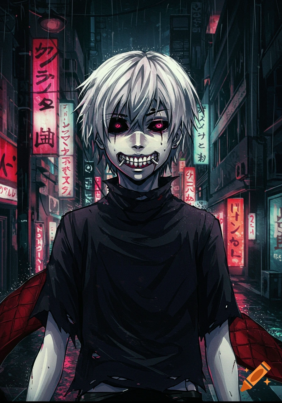 White-haired anime character with red eyes and sharp teeth, in a dark, rainy city street with glowing neon signs.
