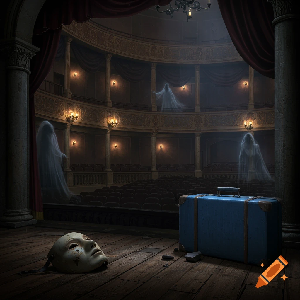 A dark, empty old theater with ghostly figures in the balconies, a white mask, and a blue suitcase on the stage.