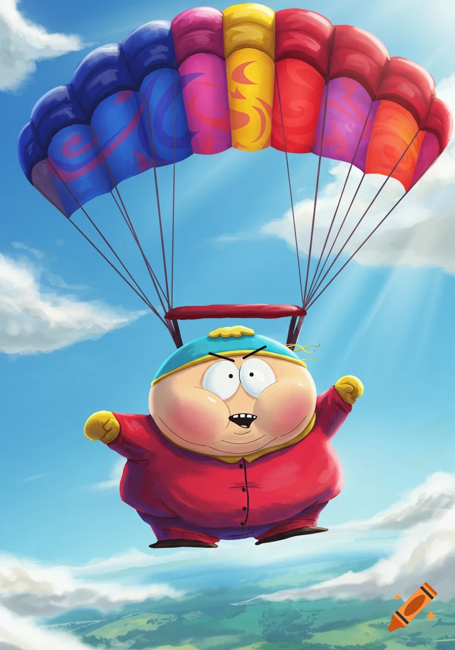 Eric Cartman skydiving with a colorful parachute against a blue sky.