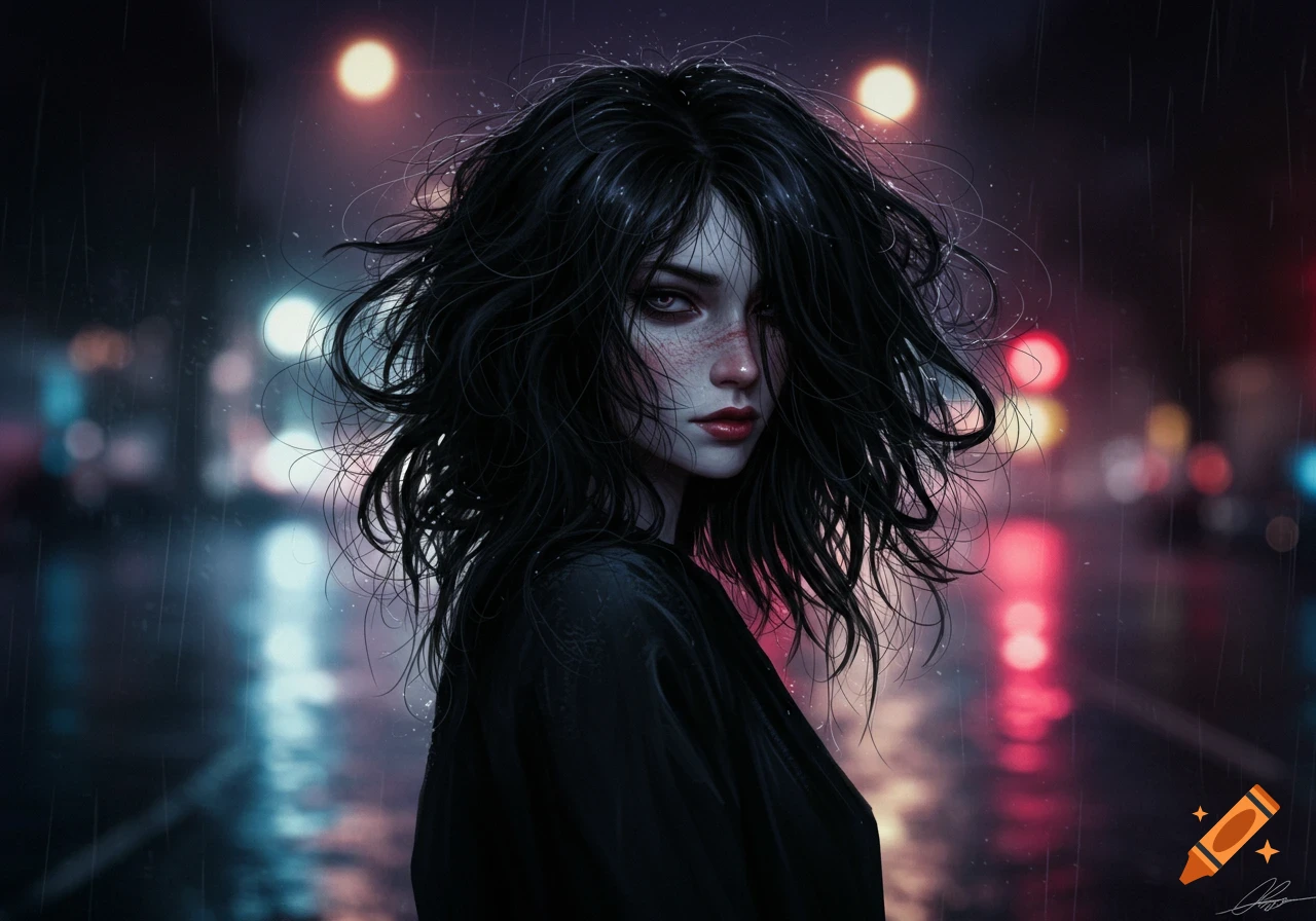 Portrait of a woman with messy black hair in a rainy, neon-lit city street at night, in an anime-realistic style.