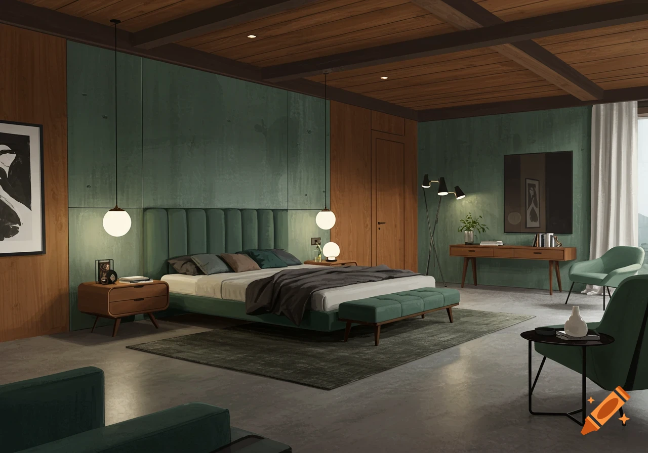 A stylish bedroom features a teal upholstered bed, dark wood ceiling beams, and concrete floors, accented by mid-century modern furniture.
