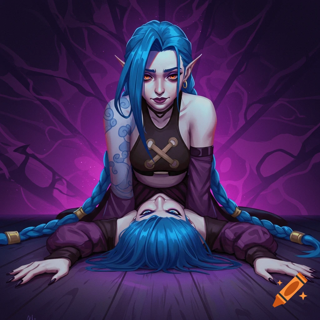 Stylized illustration of two blue-haired characters with red eyes in a purple-lit scene. One sits on another lying on the floor.