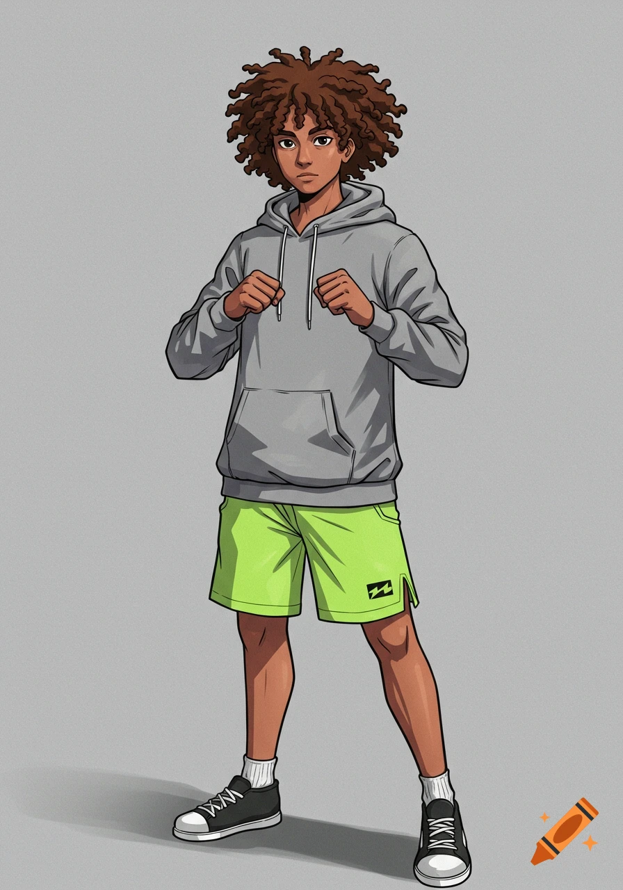 An anime-style male character with curly brown hair in a grey hoodie, neon green shorts, and black sneakers.