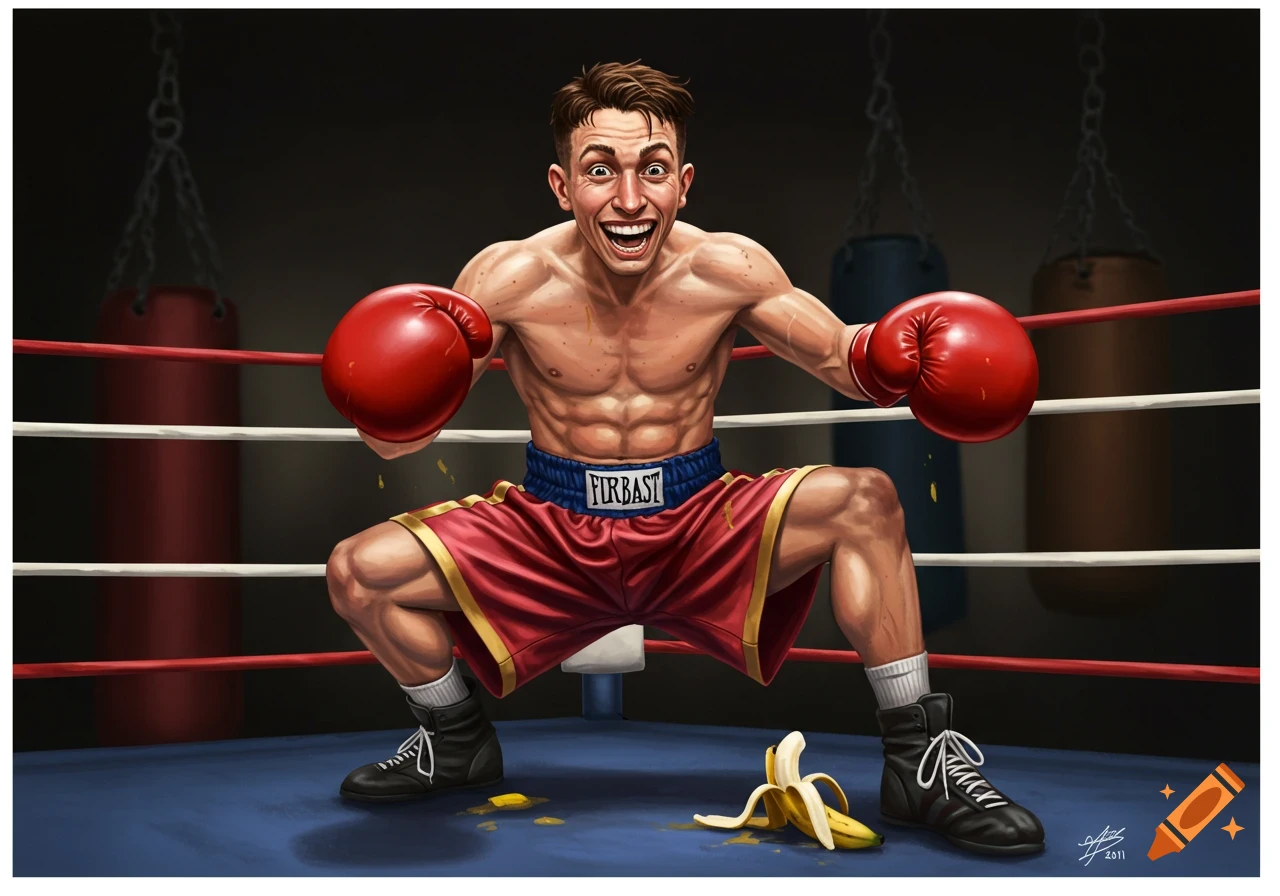 A grinning, cartoonish male boxer in red gloves and shorts squats in a boxing ring, with a peeled banana on the floor.