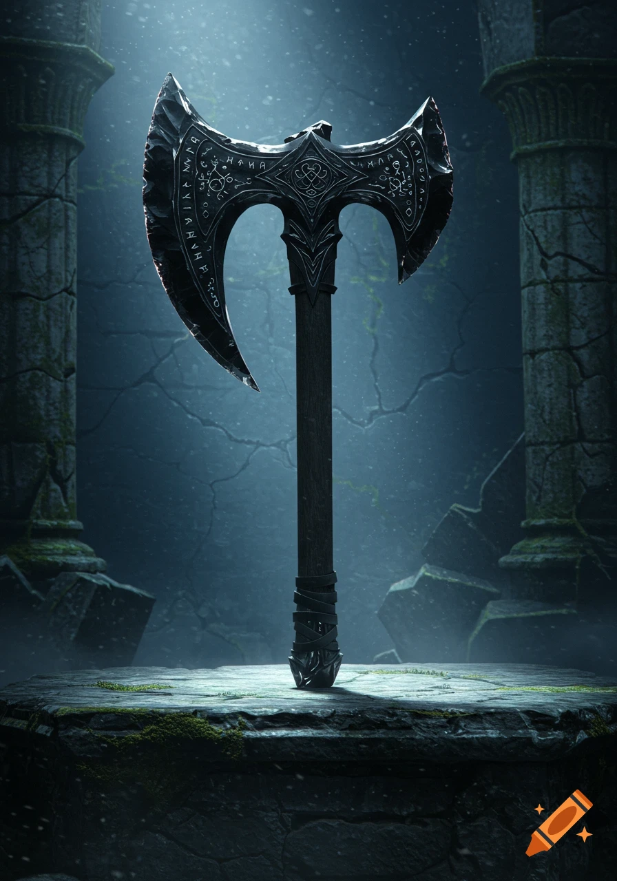 A dark, ornate obsidian double-bladed battle axe stands upright on a stone pedestal in dimly lit ruins.