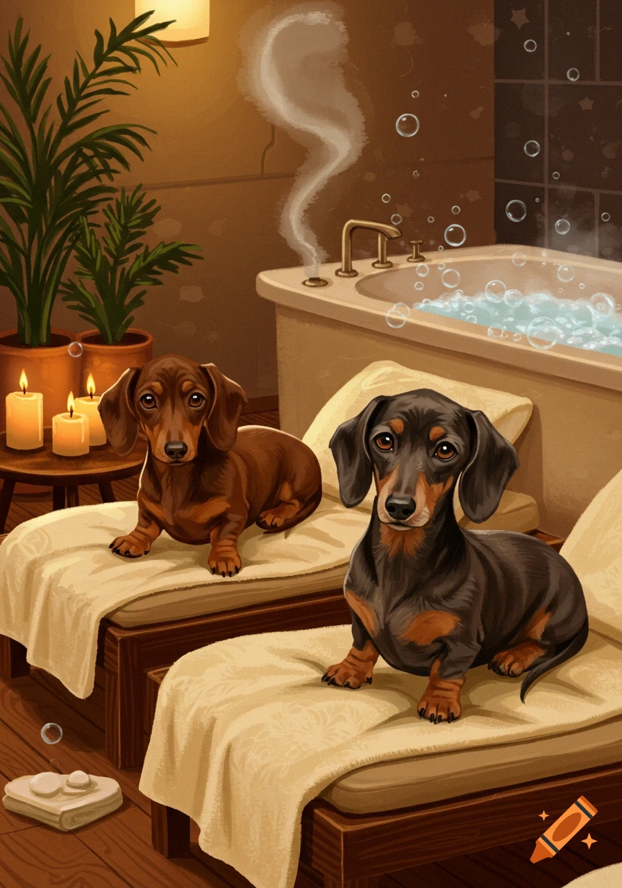 Two brown and black dachshunds relaxing on beds in a warm spa room with a bubbling bathtub, plants, and candles.