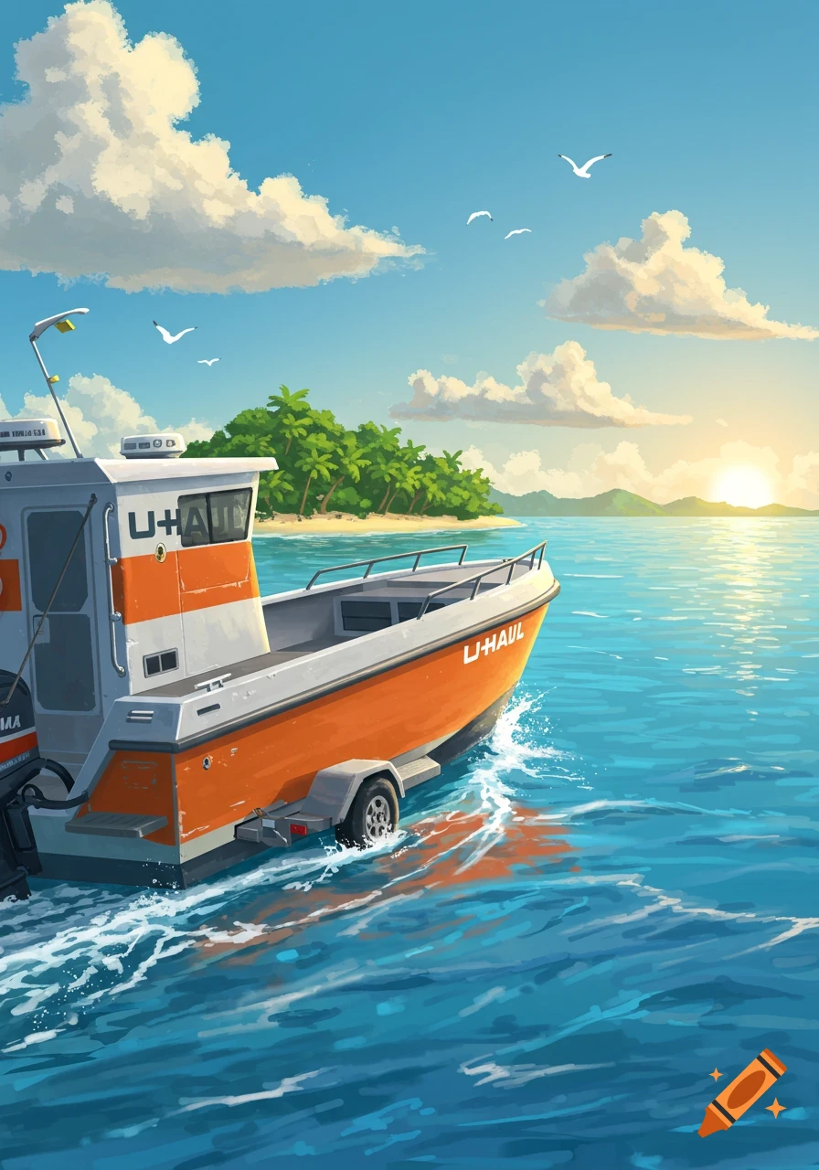 An orange and white U-Haul boat on a trailer sails on blue water towards a tropical island under a sunny sky with clouds.