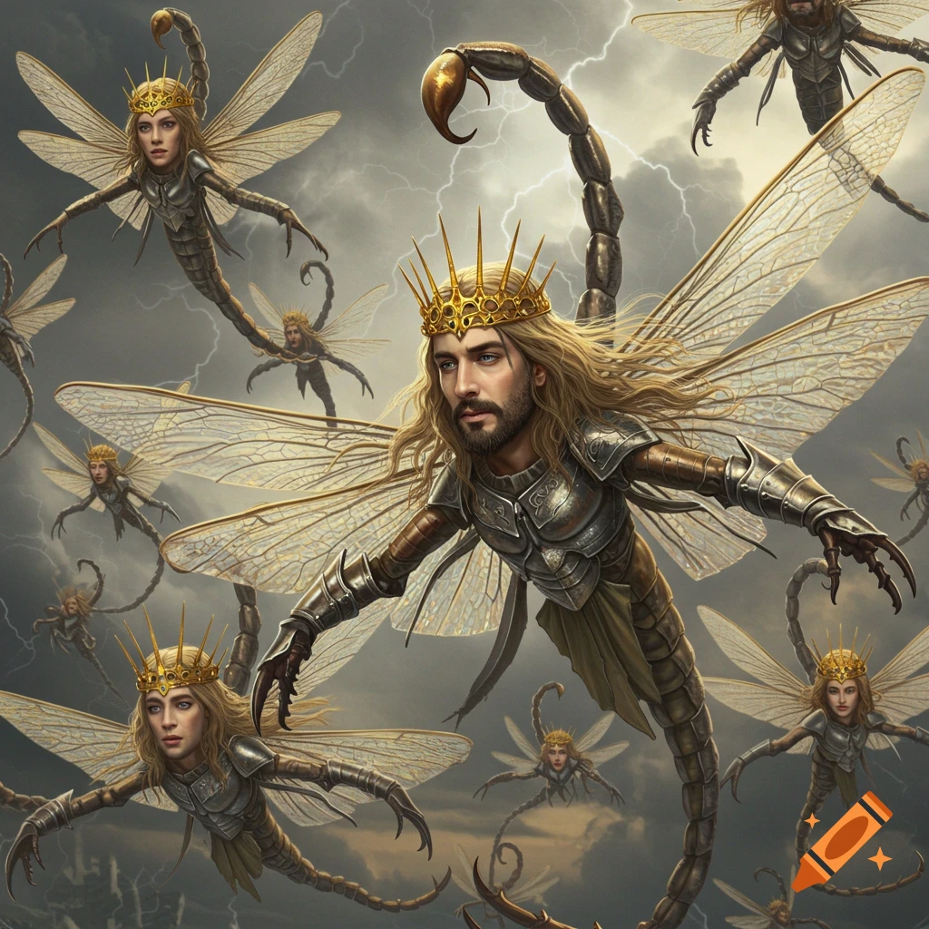 A swarm of flying mythical creatures with human faces, crowns, armor, insect wings, and scorpion tails, under a stormy sky.