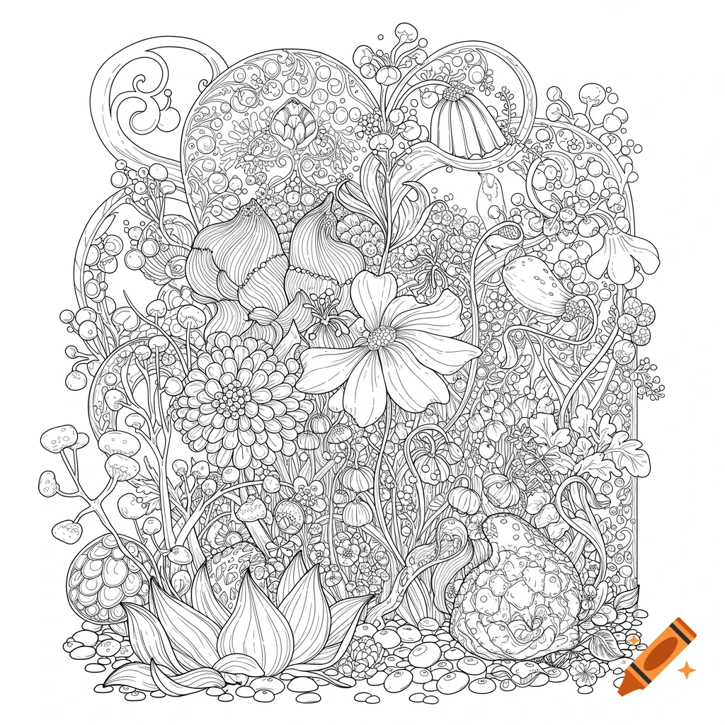 Detailed black and white line art of various flowers and plants for adult coloring.