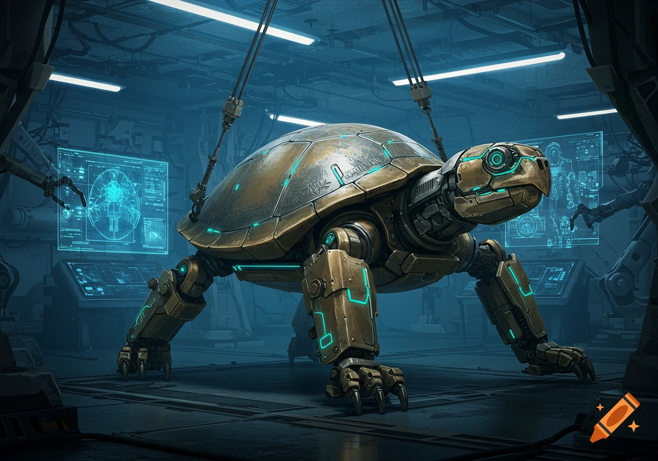 A detailed mechanical turtle with glowing teal accents stands in a futuristic, dimly lit laboratory.