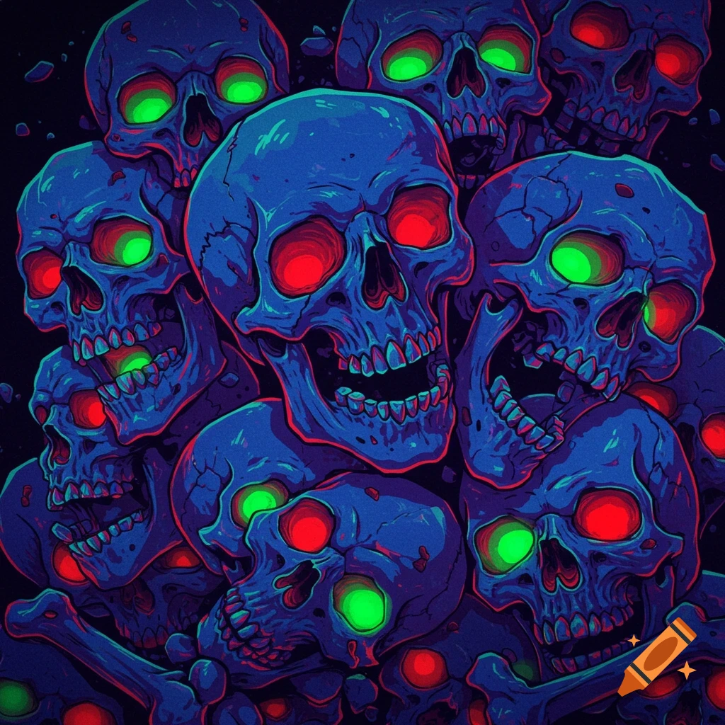 A stylized pile of blue and purple skulls with glowing red and green eyes on a dark background.