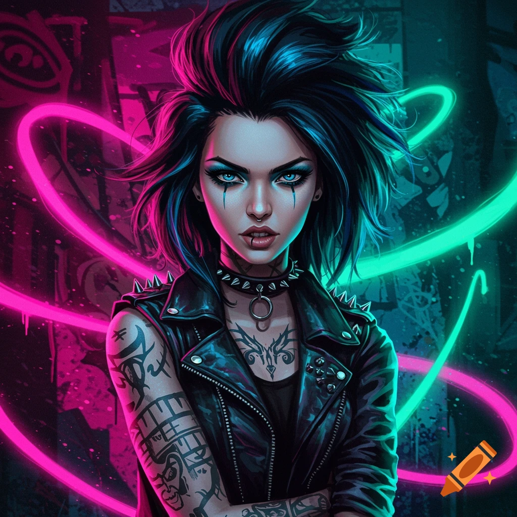 A punk-rock woman with blue eyeshadow, tattoos, and a leather jacket stands against neon pink and green lights.