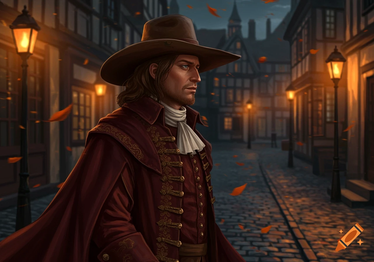 A man in 17th-century attire and a hat stands on a cobblestone street at dusk with lit lanterns and falling leaves.