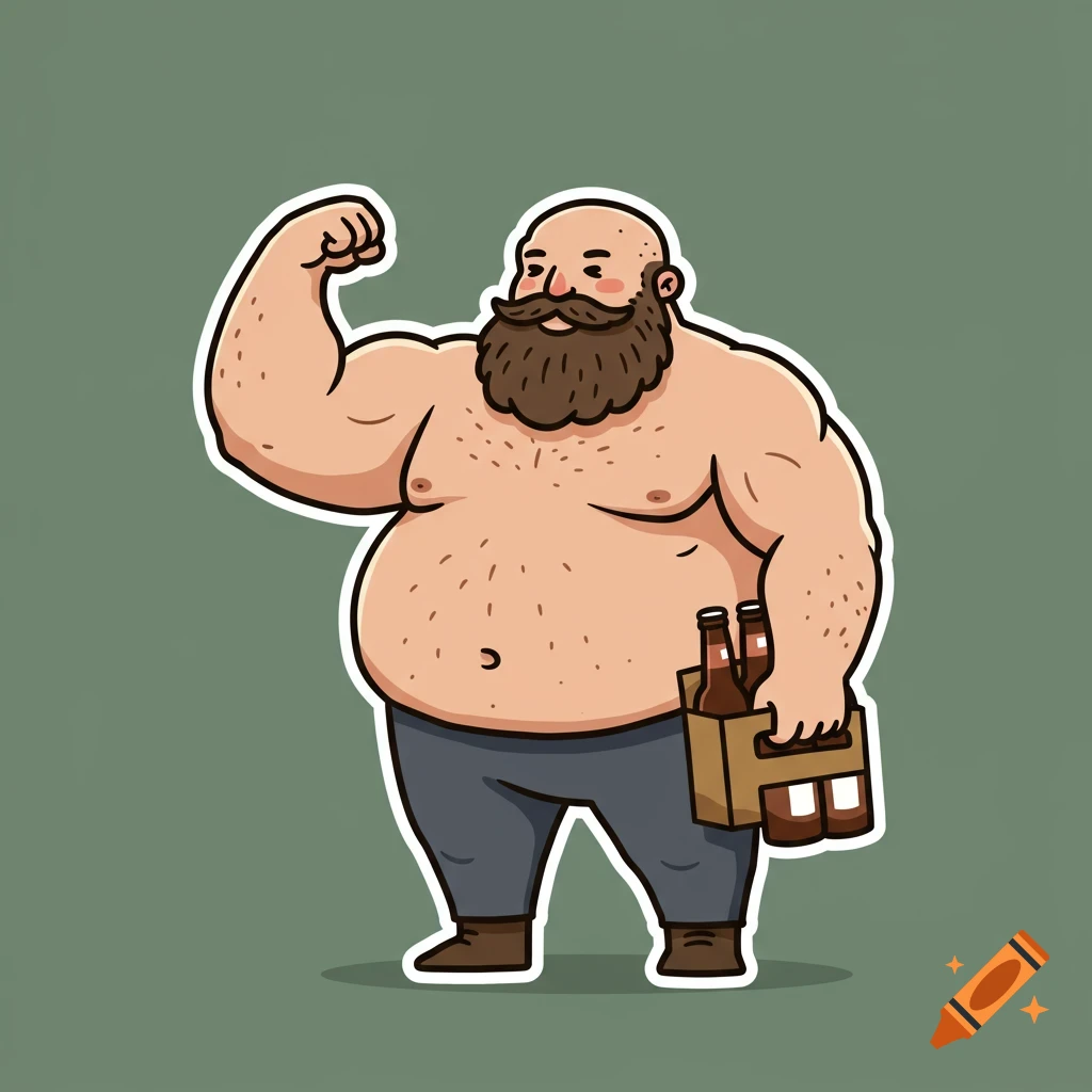 A bald, bearded, heavy-set cartoon man in a simple decal style flexes one arm and holds a six-pack of beer.