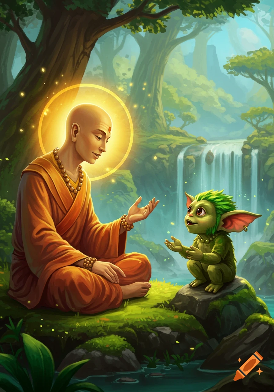 A monk with a glowing halo talks to a small green creature in a lush forest with a waterfall, in an illustrated style.
