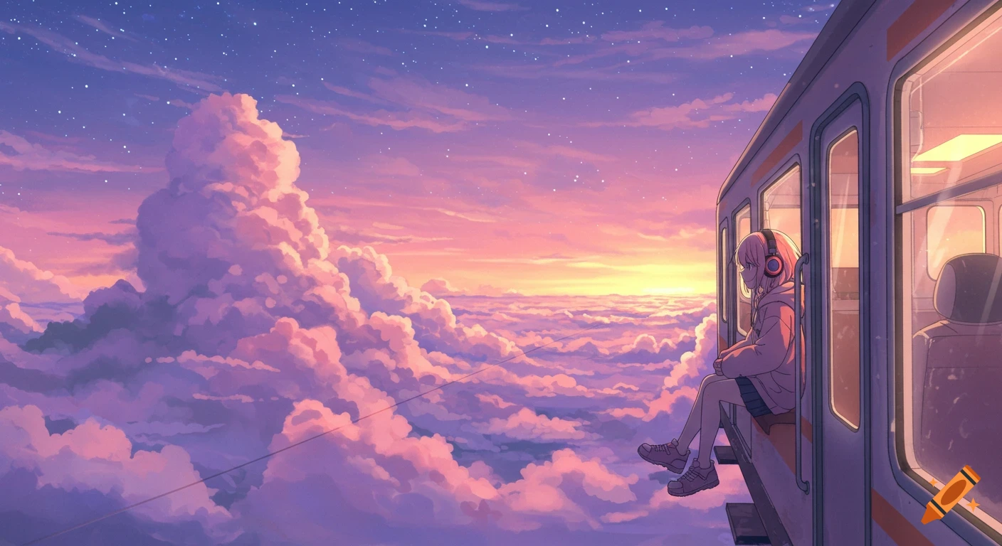 An anime girl on a train floats through pastel clouds at sunset, gazing out at the star-filled sky.