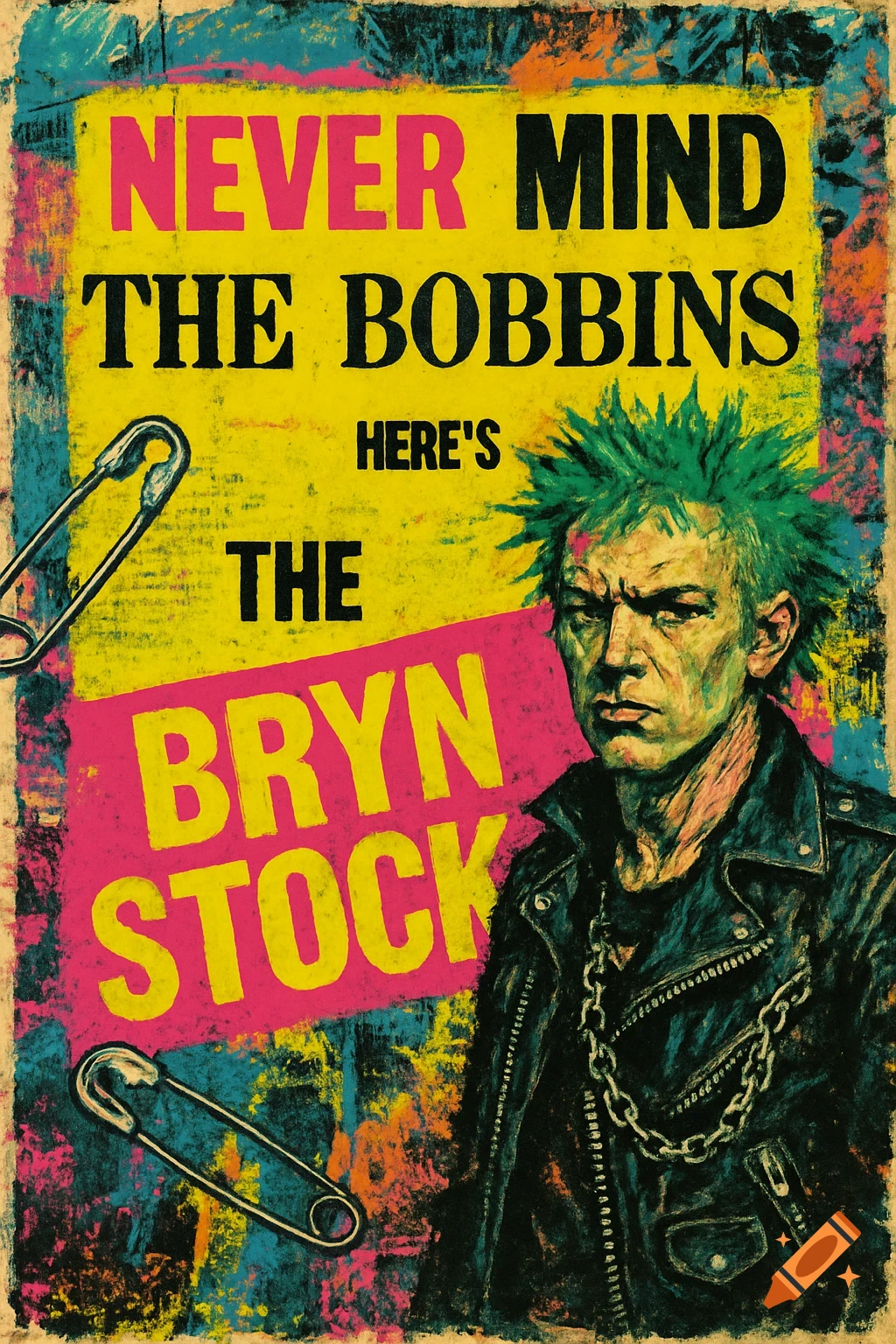 A grunge punk rock poster featuring a man with green spiky hair and a leather jacket, with text and safety pins.