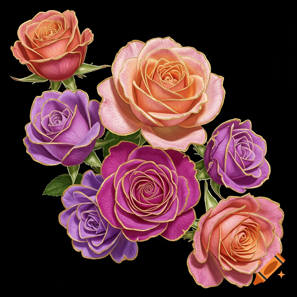 Vibrant pink, purple, and orange roses with golden edges on a black background.