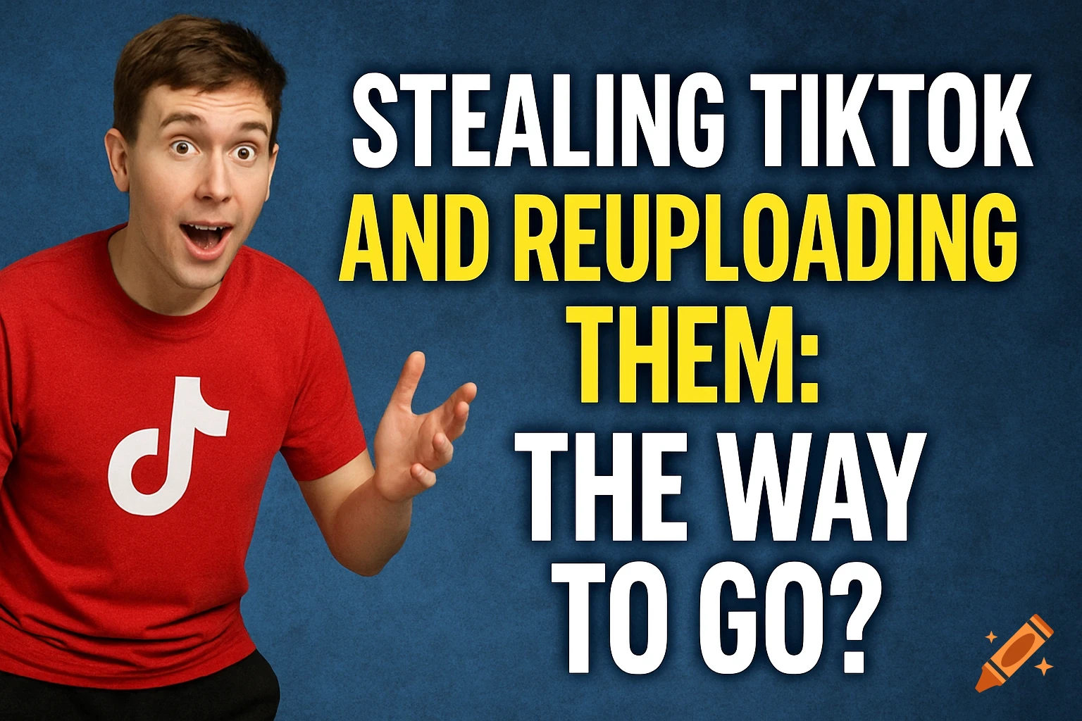 A man in a red TikTok shirt with his mouth open and hands out, next to text that reads: 'STEALING TIKTOK AND REUPLOADING THEM: THE WAY TO GO?'