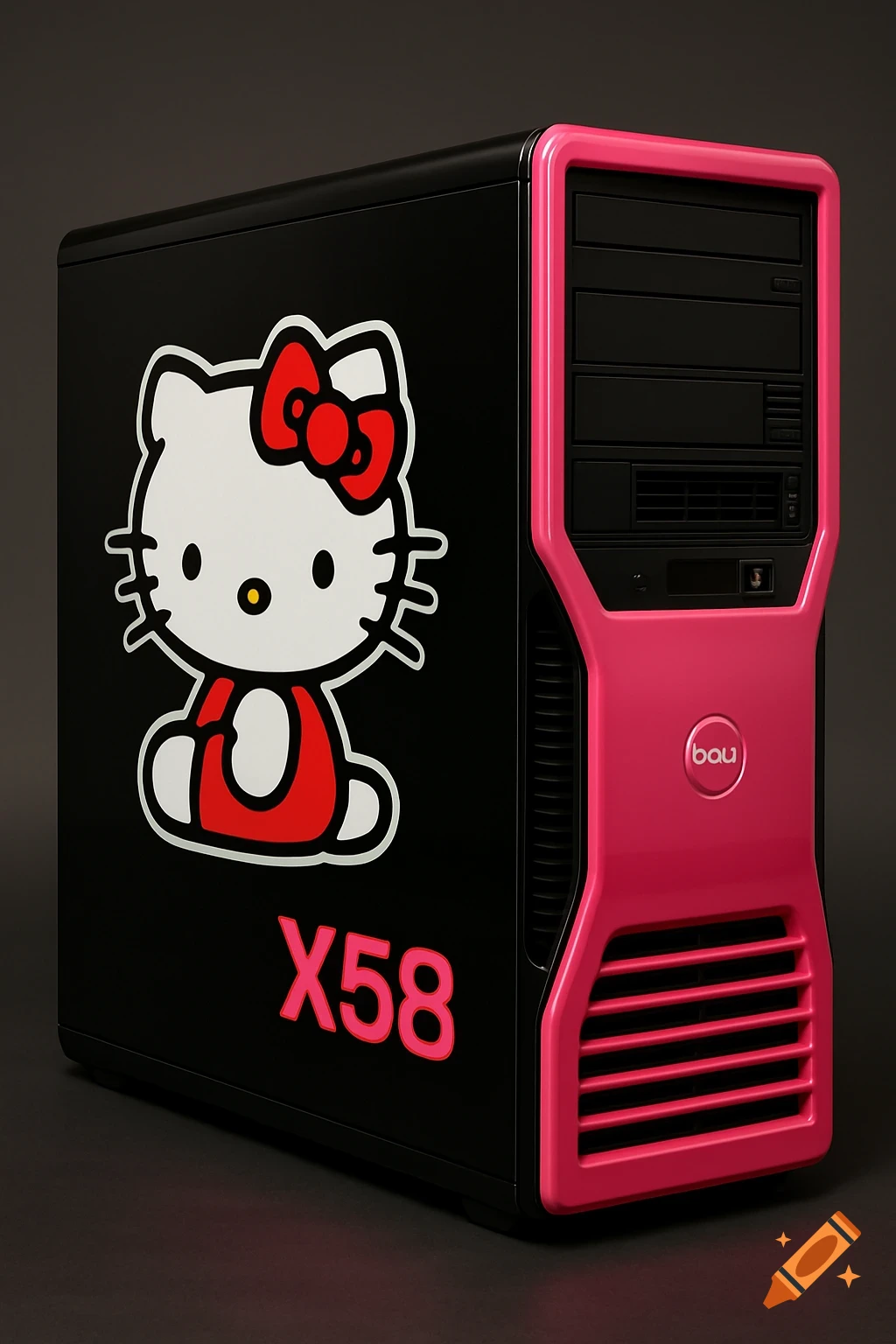 A black desktop computer case with a hot pink front, featuring a large Hello Kitty sticker and 'X58' text on the side.