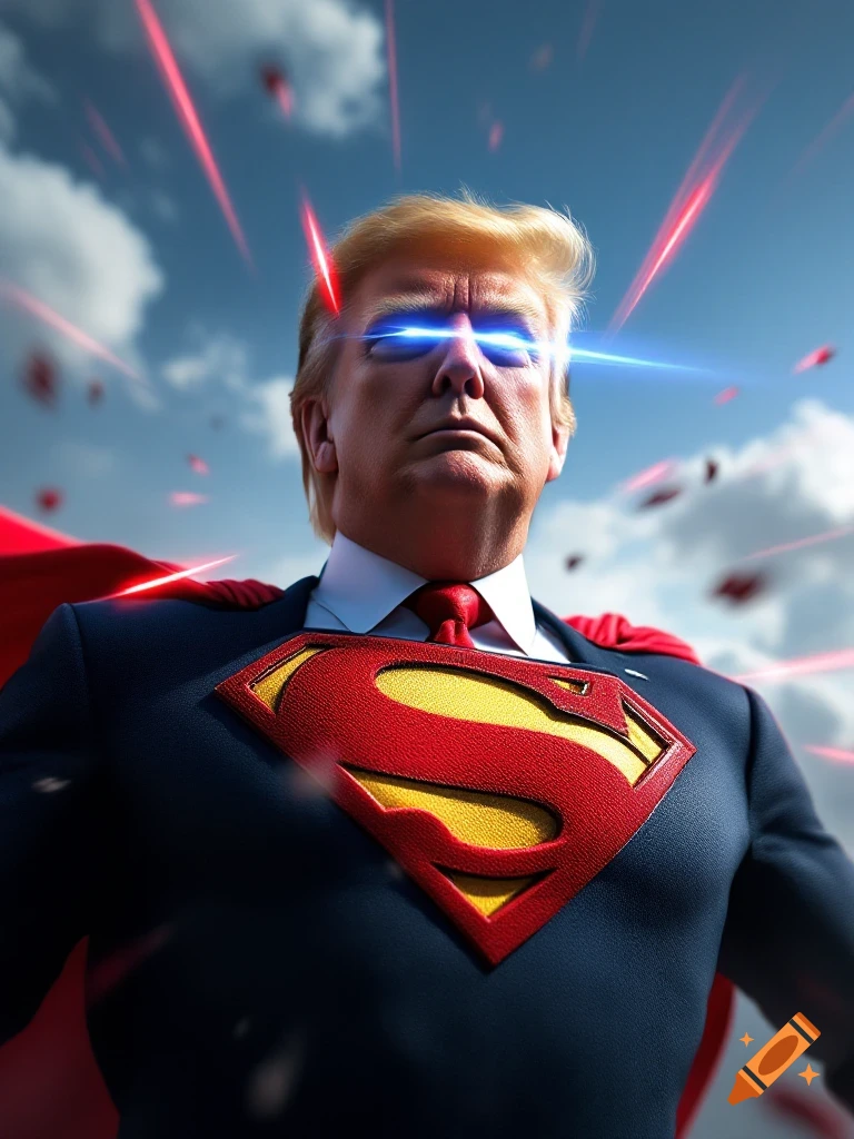 Donald Trump as Superman, with laser eyes, flying against a blue sky. on  Craiyon