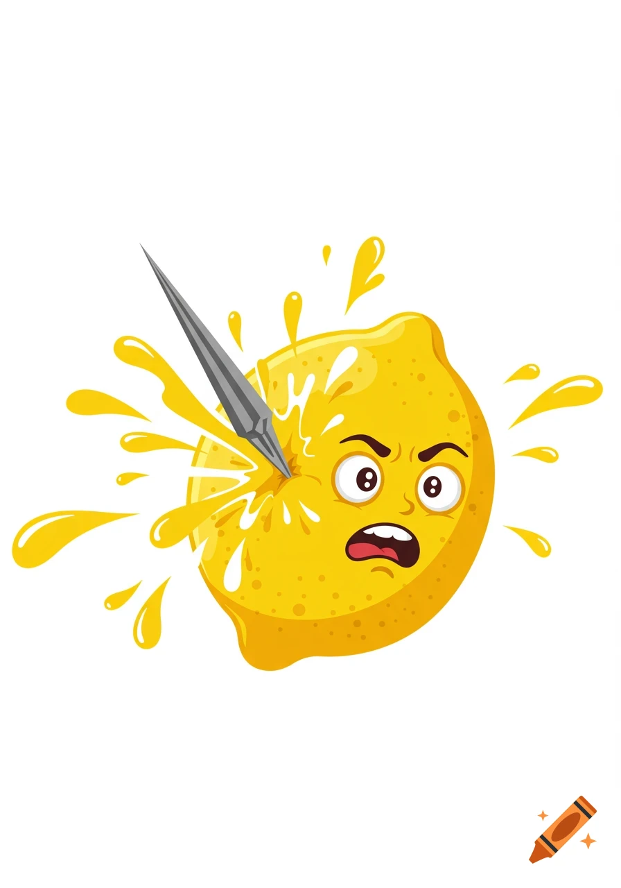 Cartoon lemon with a scared expression, being pierced by a spike, splashing lemon juice.