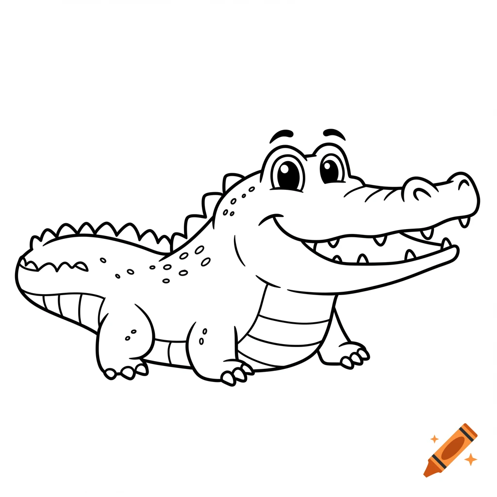 A cute cartoon alligator line drawing with thick black outlines and a smiling face.