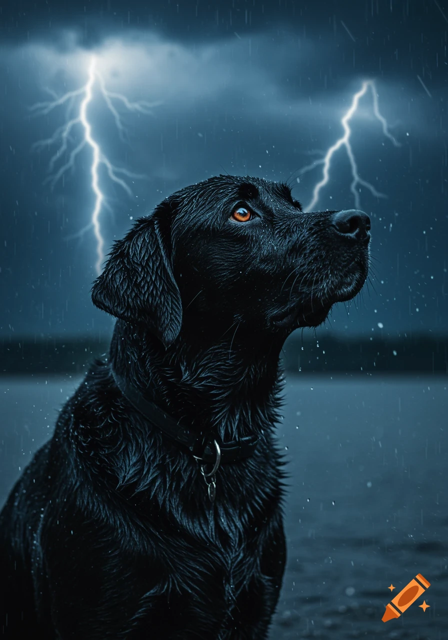 A black Labrador with glowing orange eyes looks up intently as rain falls during a lightning storm under a dark blue sky.