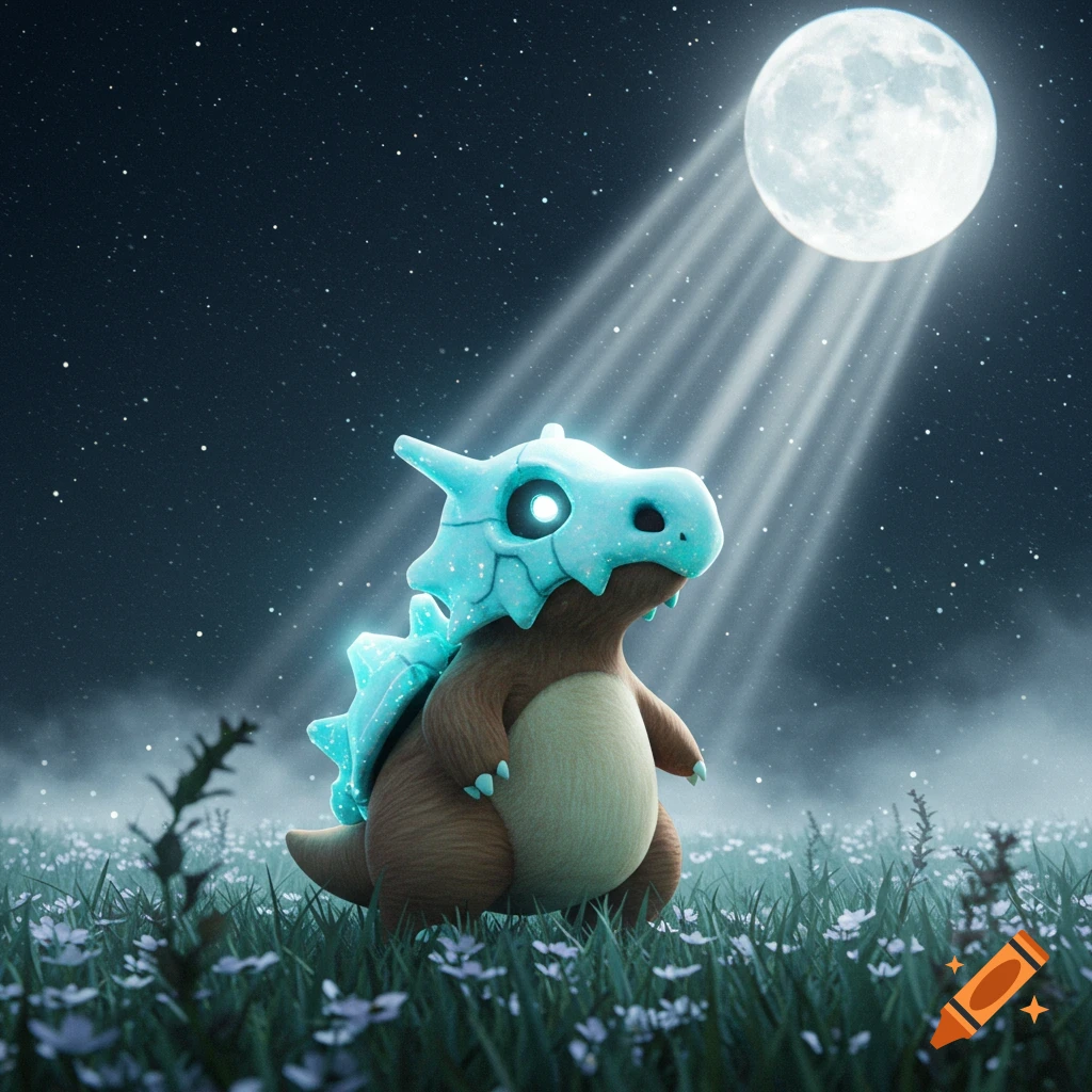 A shiny blue Cubone standing in a grassy field at night under a full moon, bathed in moonlight from a starry sky.